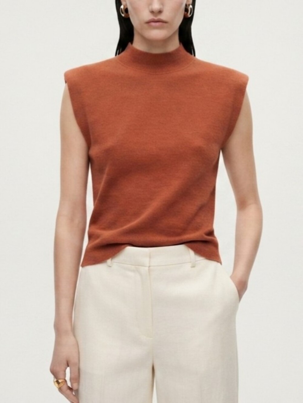 Sz S Zara 100% Cotton Rust Cap Sleeve Mock Neck Shirt Top